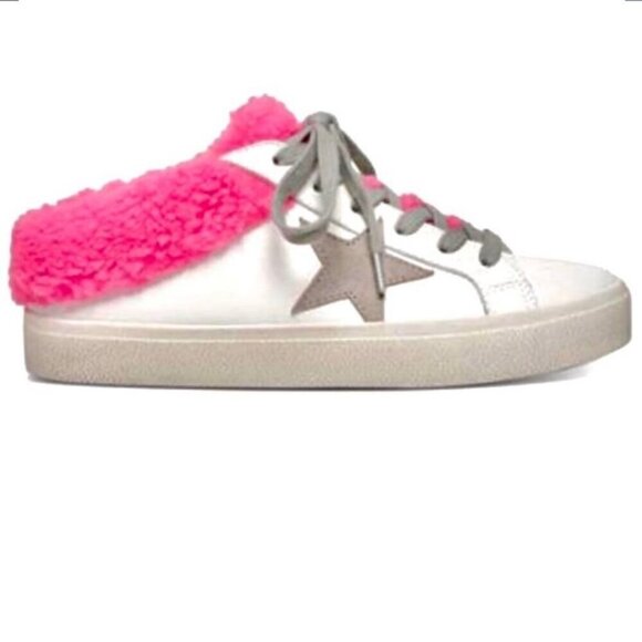 Steve Madden Polaris White Leather & Pink Sherpa Lace-up Star Sneakers Shoes 8 - Picture 3 of 16